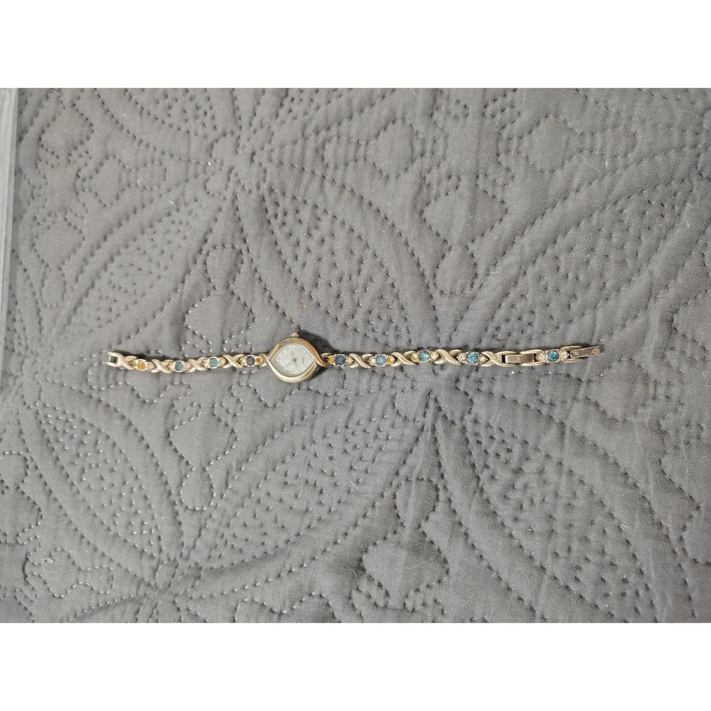 Womens Gold Tone Quartz Watch Multi Color Stone X Link Bracelet Marquise Face